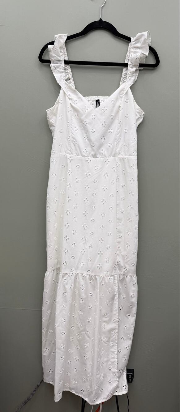 H&M Divided White Eyelet Midi Dress Ruffle Strap Cutout Slit M